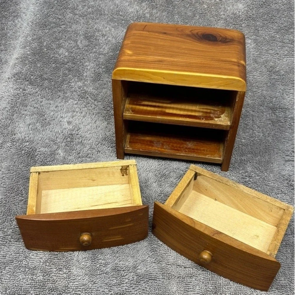 Vintage Small Wood Jewelry Box 2 Drawer Mini Trinket Chest 4.5